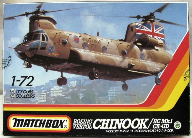 Matchbox 1/72 Boeing Vertol Chinook CH-47D / HC Mk.1 - RAF No. 18 Squadron Falkland Isles 1982 / US Army 159th Aviation Battalion 101st Airborne Fort Campbell KY / RAF No. 7 Sq Odiham 1986 / RAF  'BRITFORLEB' Task Force Lebanon 1964, 40413 plastic model kit